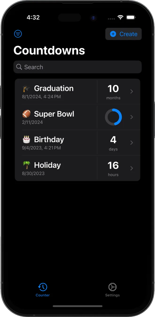 CNDWN countdown list on iPhone showing Graduation, Super Bowl, Birthday and Holiday countdowns