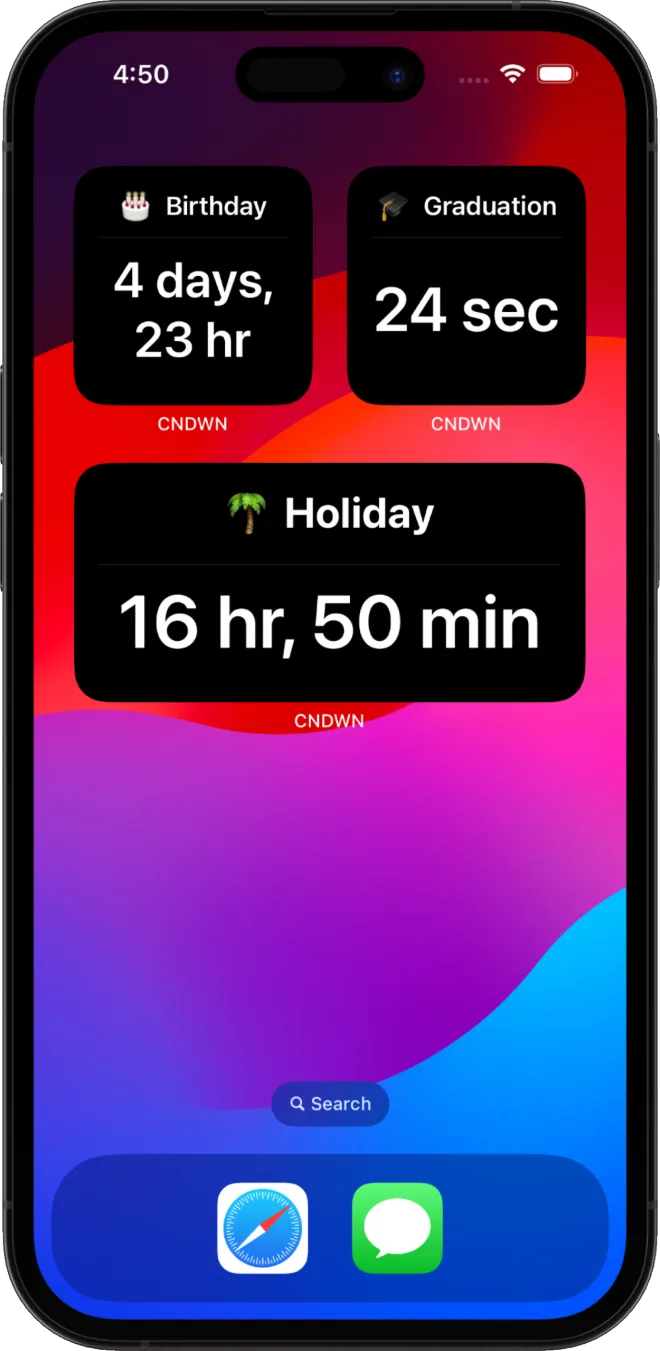CNDWN widgets on the iPhone Home Screen showing Birthday, Graduation and Holiday countdowns