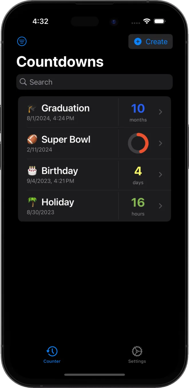 CNDWN countdown list with custom colors for each event